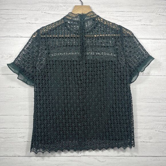 ZARA womans Guipure Lace Mock Neck Ruffle Trim Top Blouse Sheer Back Medium - Picture 4 of 7